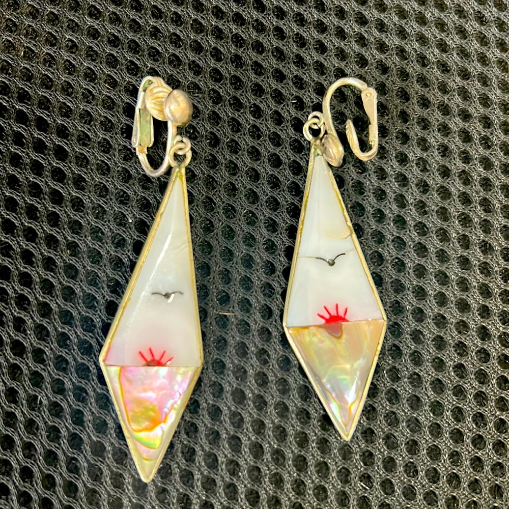 Vintage Alpaca silver clipon Native American southwest earrings With Cloissone